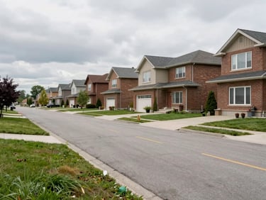 Wide daylight shot of a residential street in Candiac, detached single-family homes from the 1990s with brick facades and wide lots, overcast light, quiet street