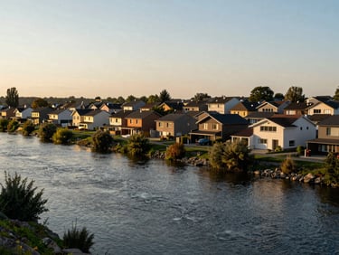 Wide panoramic shot of a riverside residential area in Varennes, single-family homes with water views in the background, golden hour light, low horizon