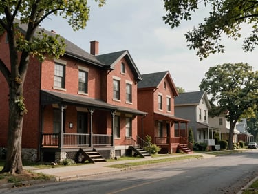 Wide shot of a tree-lined street in Saint-Lambert, early 20th century red-brick homes with covered porches, stone foundations visible, north-facing daylight