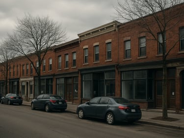 Wide environmental shot of Vieux-Longueuil storefronts along Chemin de Chambly, aged brick facades under overcast daylight, parked cars and bare trees lining the sidewalk