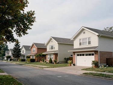 Wide daylight shot of a residential street in Saint-Hubert, 1970s ranch-style bungalows with attached garages, mature maples, calm overcast light