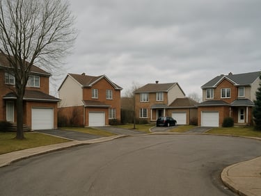 Wide environmental shot of the Mortagne district in Boucherville, a cul-de-sac with two-storey homes from the 1990s, brick and vinyl siding, daylight overcast
