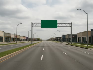 Wide shot along Boulevard Taschereau in Brossard at midday, commercial strip with wide lanes and overhead signage, flat-roof retail buildings under bright overcast sky