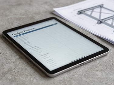 Close-up of a digital tablet on a clean concrete work surface displaying line-item construction estimates next to structural steel blueprints.