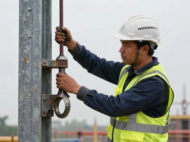 Active construction crew member in high-vis safety vest and hardhat adjusting a heavy steel column anchor, focused technical task, natural overcast daylight.