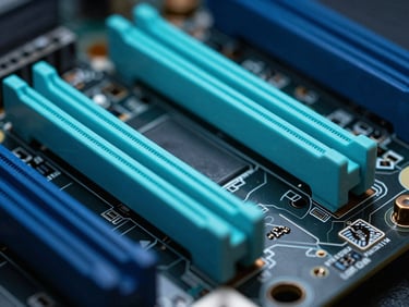 Macro shot of physical motherboard power delivery phases and copper heat sinks, low-key lighting, sharp cyan highlights