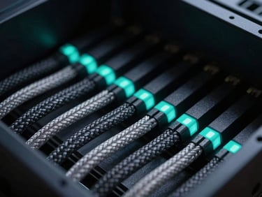 Moody macro product photography of neatly routed braided power cables inside a dark PC chassis, clean parallel lines, low-key metallic textures, sharp neon-cyan accent light, shallow depth of field, 50mm.