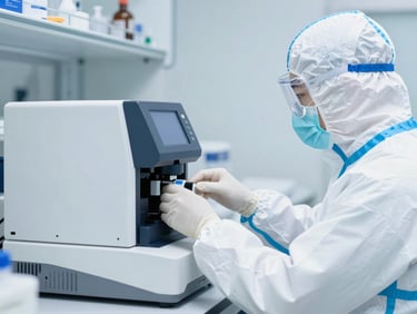 Precise mid-shot of a laboratory technician in clean protective gear operating a molecular diagnostic analyzer, bright sterile laboratory environment.