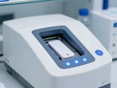 High-tech real-time PCR thermal cycler in a sterile clinical laboratory, bright cool blue indicator lights, clean metallic surfaces, macro focus.