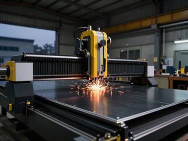 Industrial interior of a Bangalore workshop, CNC router cutting a clean edge on a black aluminum composite panel, sparks flying, high-contrast dramatic side lighting