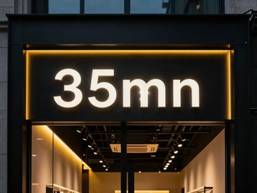 Straight-on elevation of a premium retail storefront featuring glowing 3D acrylic signage, dramatic high-contrast lighting, sharp architectural details
