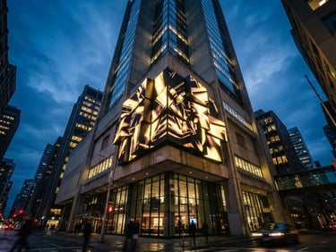 Low-angle heroic architectural photograph of a massive 3D LED sign board mounted on a modern concrete office building facade, dramatic twilight lighting, sharp details