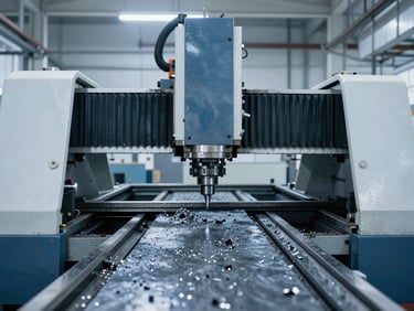 Industrial CNC milling machine operating on a factory floor, cool blue slate tones, metal shavings, sharp focus