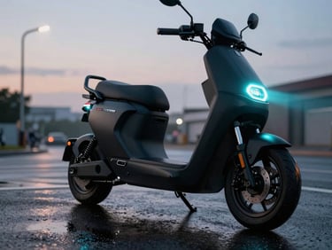 Low-angle cinematic shot of a matte-black electric chopper parked on wet asphalt at twilight, glowing cyan neon headlights, soft reflections