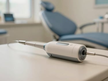 Close-up of a modern, non-threatening dental camera or small diagnostic tool on a clean surface, soft focus background of a bright treatment room, warm natural light.
