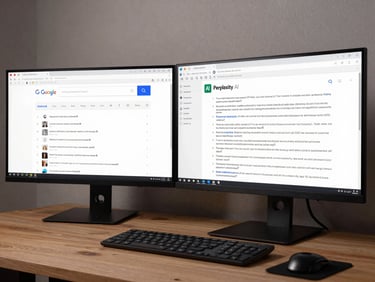 Wide shot of a dual-monitor setup showing Google Search results alongside a Perplexity AI answer panel, clean studio lighting, analytical framing, no people visible