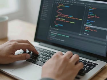 Hands working at a desk with a structured data JSON-LD code editor visible on screen, clean daylight from left, shallow depth of field, slightly desaturated technical tone