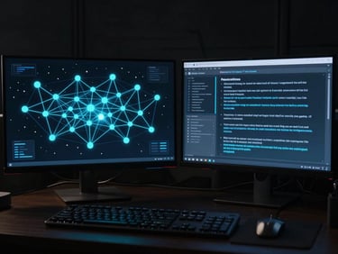 Wide-angle view of a dark technical dashboard showing a knowledge graph node network on the left monitor and an AI-generated answer panel on the right, electric blue and cyan node connections glowing against near-black background, subtle light bloom from screen edges, analytical and precise