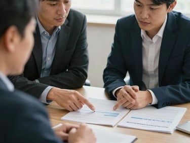 Two people in a consultation, one pointing at printed financial planning materials on a conference table, natural light, attentive and focused, no smiling
