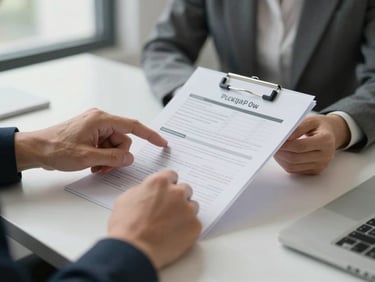 Close-up of two people seated at a clean office table reviewing a printed financial planning document together, one hand pointing to a figure on the page, natural light from a window to the left, shallow depth of field