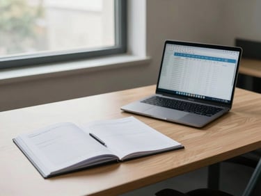 Wide shot of a tidy advisory office desk with two open folders and a laptop showing a spreadsheet, natural daylight from a side window, calm and professional