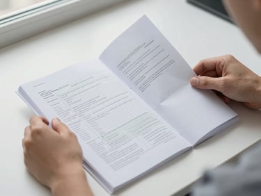 Close-up of hands turning pages of a printed tax document on a clean white desk, natural window light, soft even illumination, organised and focused