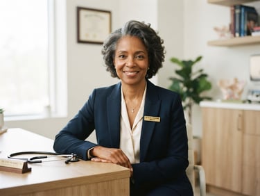 Editorial portrait of Dr. Evelyn Vance, a gynecologist, in a bright, modern clinic setting, smiling gently, soft natural window light, shallow depth of field, 35mm
