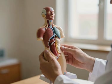 An editorial close-up of a physician's hands holding a clean anatomical model of the endocrine system, soft natural window light, warm sand tones, shallow depth of field