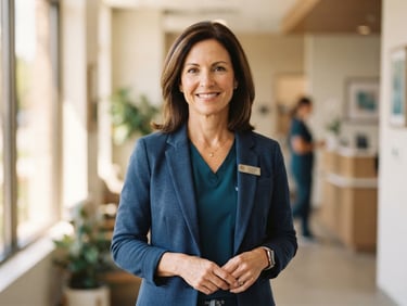 Professional portrait of Dr. Evelyn Vance, mid-shot, smiling confidently in a modern, naturally lit clinic setting, soft focus background.