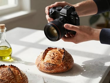 Hands holding a professional camera over a beautifully styled table featuring freshly baked sourdough and olive oil, soft window light, natural shadows.