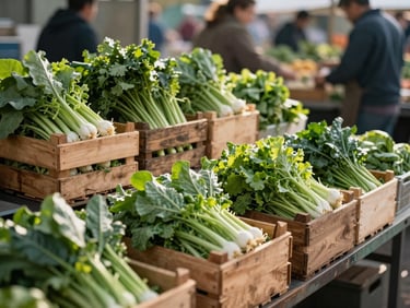 Atmospheric environmental shot of a bustling open-air farmers market stand, wooden crates filled with fresh greens, soft morning light.