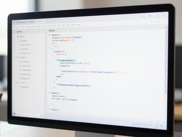 Macro shot of a clean code editor displaying React components on a modern monitor, soft blue ambient light, 35mm