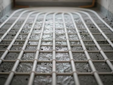 Close-up of clean underfloor heating pipe grid laid out symmetrically on a dark subfloor before concrete pouring, crisp natural side light