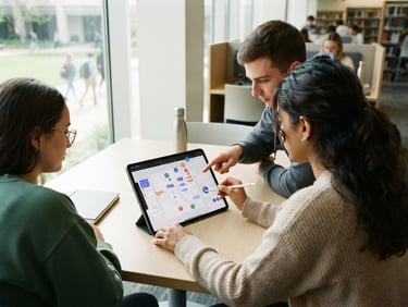 Over-the-shoulder view of university students collaborating around a tablet, showing a high-fidelity digital workspace interface with live cursors, bright natural daylight, 35mm.
