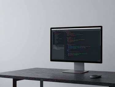 Minimalist clean workspace with a high-end monitor displaying abstract code structures, soft cool diffused studio lighting, slate and charcoal tones, 35mm