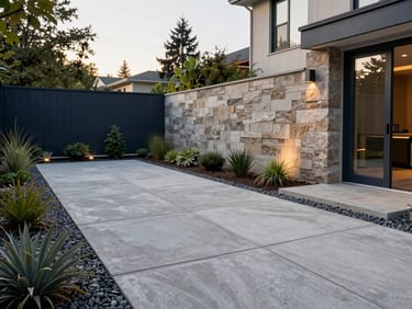 A luxury modern Seattle backyard featuring architectural concrete pavers, clean-cut basalt gravel borders, minimalist plantings, and subtle low-voltage outdoor lighting at golden hour