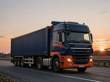 Modern heavy-duty freight truck driving on a multi-lane highway at sunset, dramatic twilight lighting, deep navy and industrial orange tones, wide-angle heroic lens.
