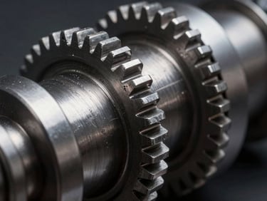Extreme macro shot of a raw steel mechanical gear assembly, high-contrast dramatic studio lighting, sharp metallic reflections, deep charcoal shadows.