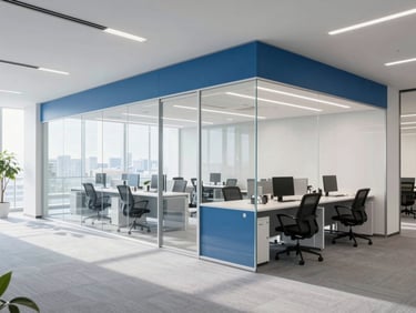 Bright modern Japanese corporate office interior, clean glass partitions, professional slate blue accents, daylight, 35mm