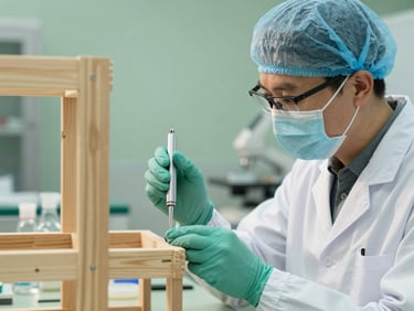 Clean professional photography, bright natural daylight, a biological technician in a clean white uniform inspecting a wooden structure with a precision tool, soft green and slate tones, sharp focus