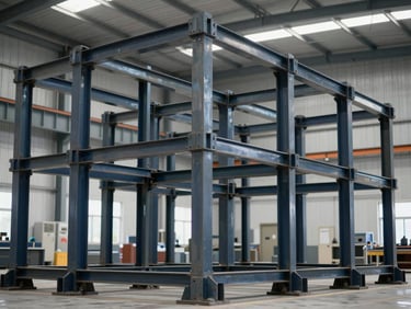 Wide shot of a complex heavy steel support structure, partially assembled, demonstrating intricate welding and robust construction. Industrial fabrication setting.