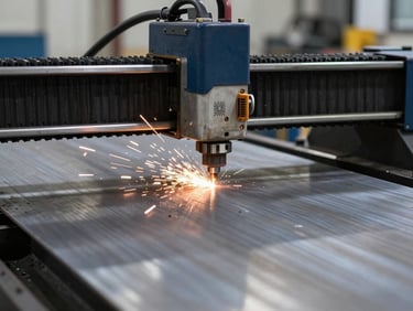 CNC plasma cutter in action, sparks flying around a thick steel plate, cool clean workshop light, desaturated steel and navy tones, deep depth of field.