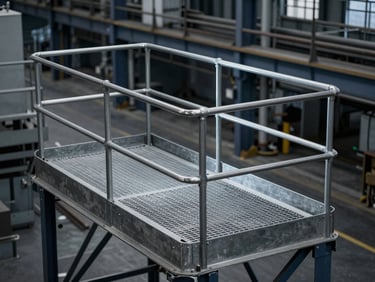 Industrial access platform with grating, heavy steel construction, safety railing, cool factory light