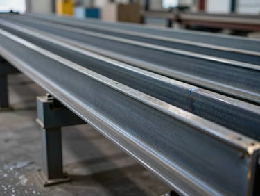 Long conveyor frame section, structural steel, clean welds, industrial facility background, cool light