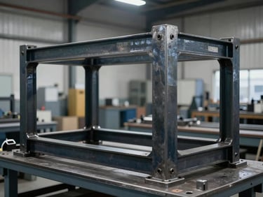Heavy industrial machine frame, dark steel, precision welded joints, cool workshop light