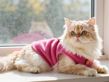 Vibrant lifestyle pet photography of a fluffy Persian cat lounging comfortably in a warm magenta knitted vest near a sunny window, soft golden hour light, cheerful colorful tones, shallow depth of field, eye-level 50mm lens.