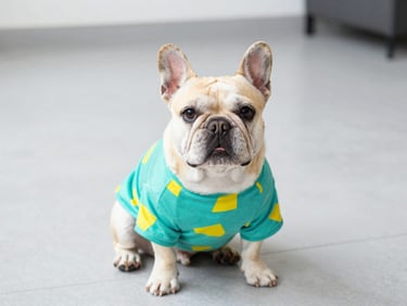 Vibrant lifestyle pet photography of a cute French Bulldog sitting proudly on a clean light gray floor wearing a bright teal and yellow patterned shirt, bright natural daylight, cheerful colorful tones, shallow depth of field, eye-level 50mm lens.