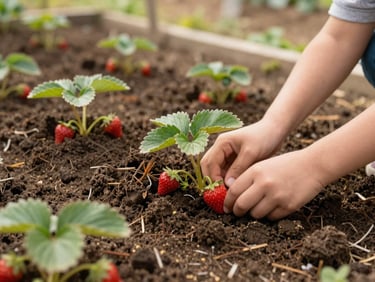 Hands of children planting young strawberry runners in dark rich soil, school garden setting, warm overcast daylight