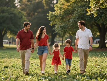 A family walking together through a vibrant green park, holding hands, soft natural daylight, warm tones