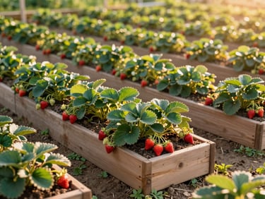 A community garden with wooden raised beds overflowing with green foliage and ripe red strawberries, golden hour sunlight